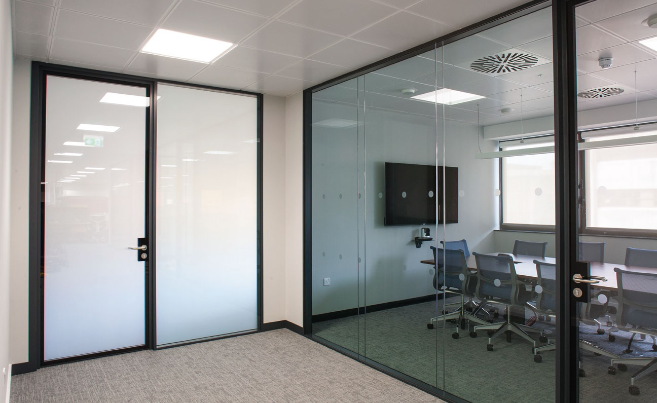 Modern office with smart switchable window film for privacy